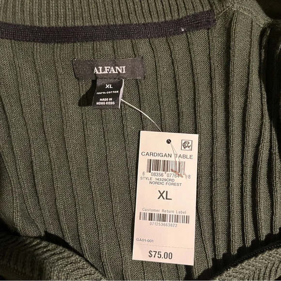 NWT ALFANI Men's Full Zip Up Ribbed Nordic Forest Green Sweater Cardigan Size XL - Picture 5 of 7